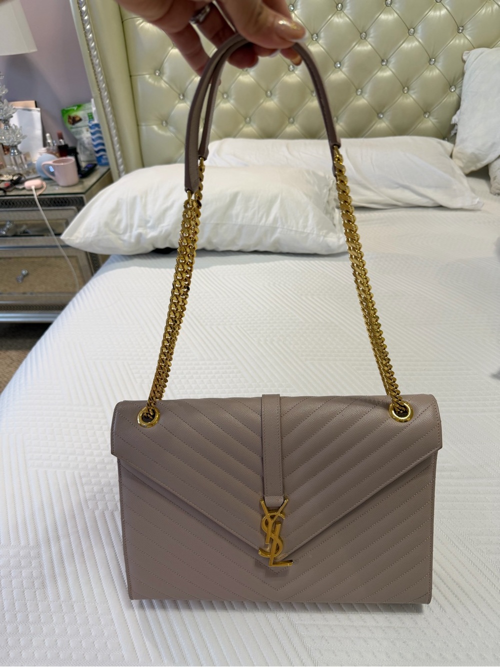 Saint Laurent Quilted Leather Shoulder Bag in Taupe with Gold Hardware